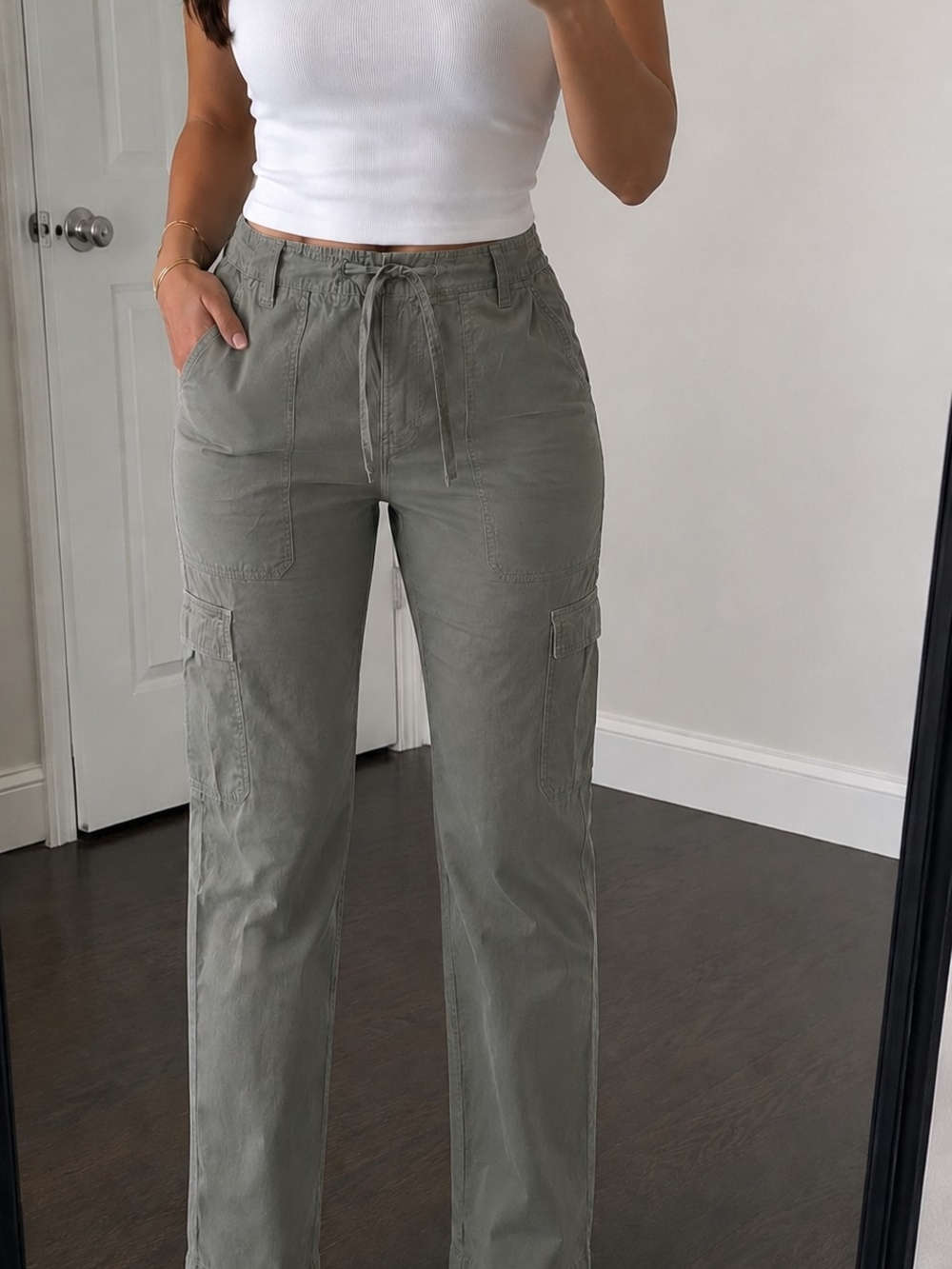 100% Cotton Women's Olive Cargo Drawstring Pants Y2K Sz L NWOT